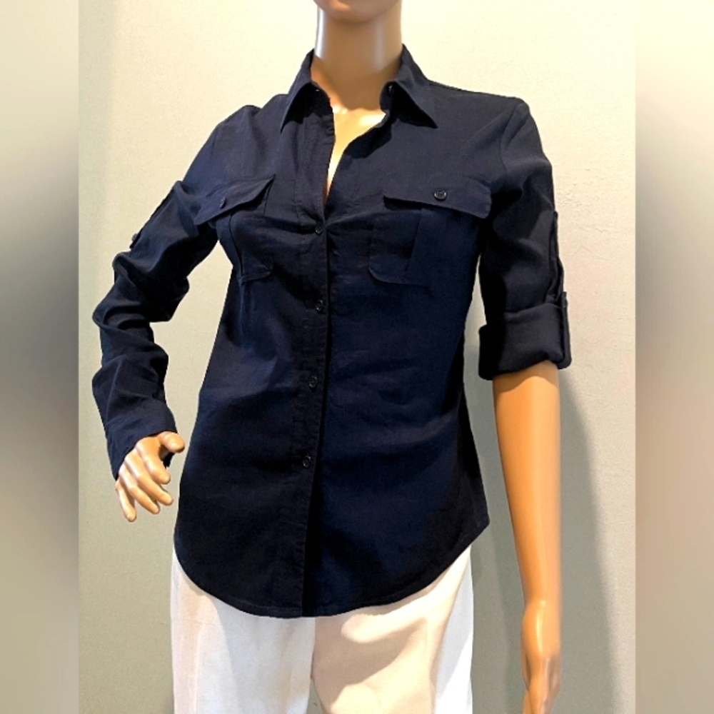 Theory‎ "Marge" Cuffed Roll Sleeve Blouse in Navy Linen Blend Fabric Size…